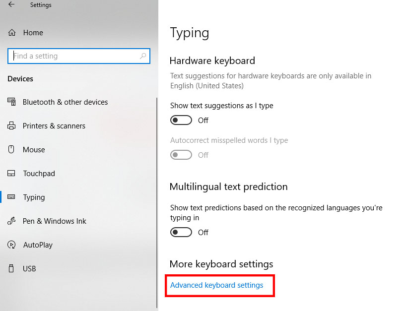 Windows 10 Keyboard settings